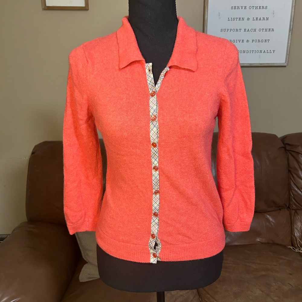 Tabitha Coral Cardigan with Plaid Trim